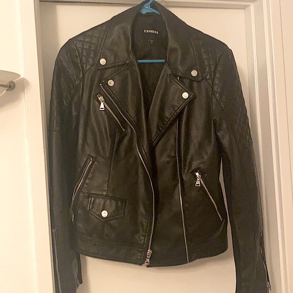 NWOT express vegan leather moto jacket black with shoulder quilting